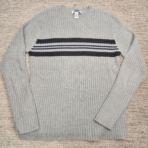 Y2K Old Navy Ribbed Sweater V-Neck Gray Navy Striped Mens Medium Fitted Stretch